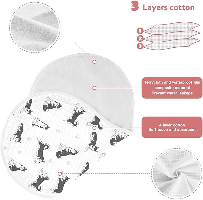 2 Pack Muslin Burp Cloths Husky Dogs White Cotton Baby Burp Cloths Extra Absorbent and Soft Thick Burping Cloth for Newborn Babies Boys Girls 22x11 Inch
