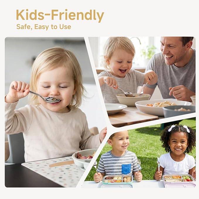 KINGSTONE Toddler Utensils Set, 4 Piece Forks and Spoons Gift Set, Small and Large Kids Silverware Sets, 18/10 Stainless Steel Food Grade Flatware Sets, Dishwasher Safe, Mirror Polished
