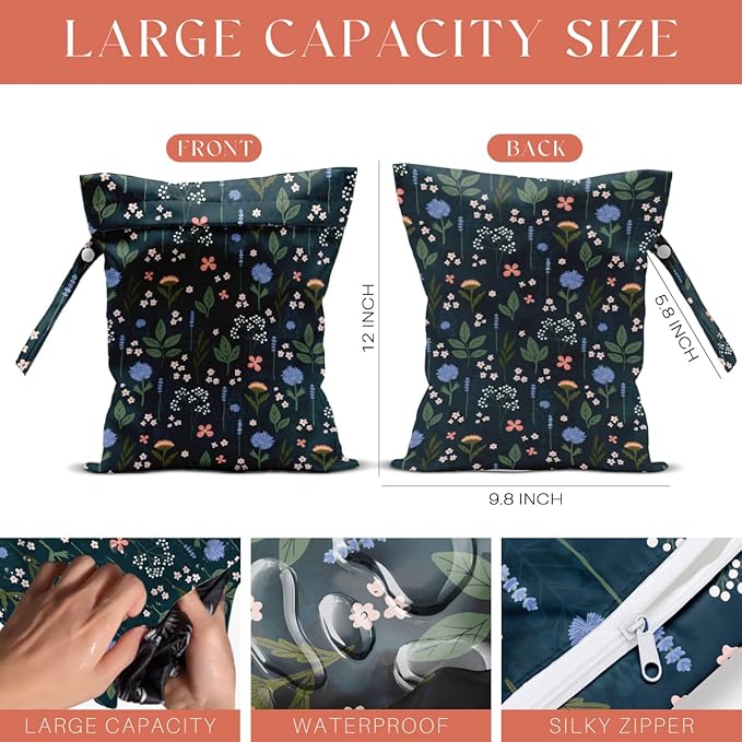 4 Pack Cute Wet Bag Waterproof Washable Reusable Wet Dry Bag for Swimsuit Dirty Clothes Diaper Travel Beach Pool Yoga Gym Christmas PartyToiletries Beach Essentials, Forest Fox Cat Daisy Wildflower