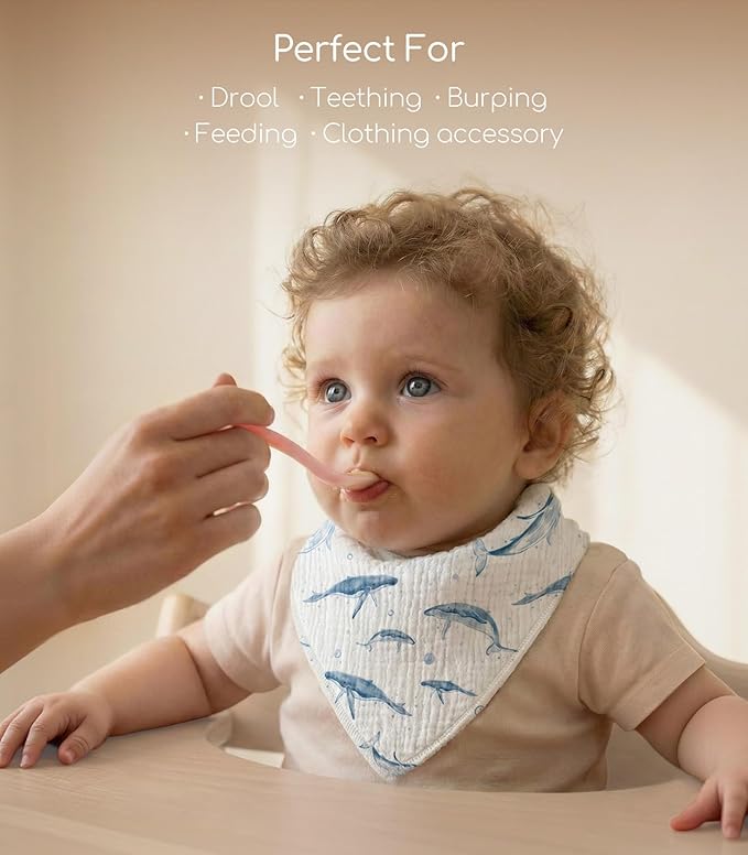 Muslin Baby Bibs 8 Pack, Baby Bandana Drool Bib for Drooling and Teething, Cotton Soft Absorbent for Girls Boys (Blue Ocean Whale)