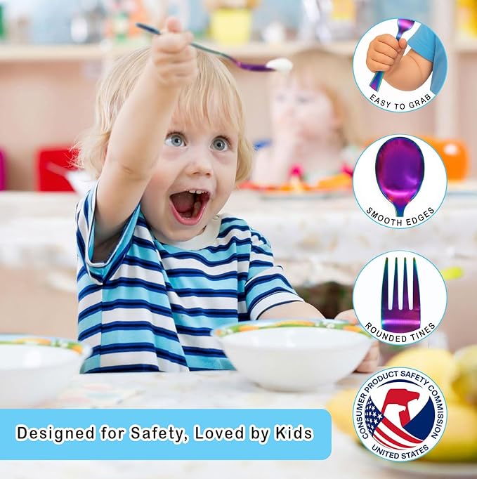 12 Piece Stainless Steel Kids Silverware Set - Child and Toddler Safe Flatware - Kids Utensil Set - Metal Kids Cutlery Set Includes 4 Small Kids Spoons, 4 Forks & 4 Knives - UV Rainbow