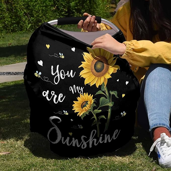 Sunflowers Car Seat Covers for Babies Boy Girl Capony Covers You're My Sunshine Nursing Cover Breastfeeding Scarf Breathable Stretchy Coverage, Floral Bees Black Infant Stroller Cover Shopping Cart