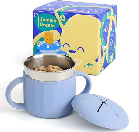 Jumble Dream Stainless Steel Baby Snack Cup for Toddlers Kids – Spill-Proof Silicone Snack Container – BPA-Free Non-Toxic Dishwasher Safe Food-Grade Stainless Steel for Baby Snacks 6m+ to 3+ Years