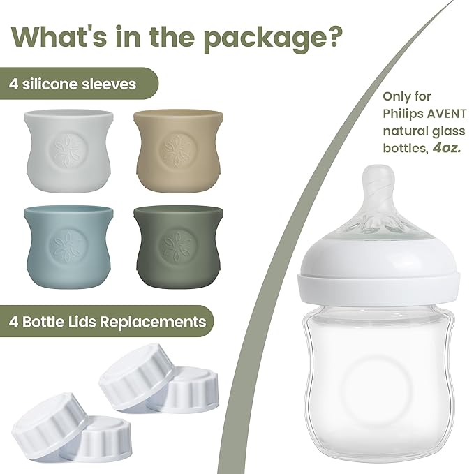 4 Pack Silicone Sleeves for Philips Avent Natural Glass Baby Bottles, Food Grade Silicone Cover and 4pcs Travel Caps, Lids Replacement (Dark Blue+Dark Green+Grey+Beige, 4oz)