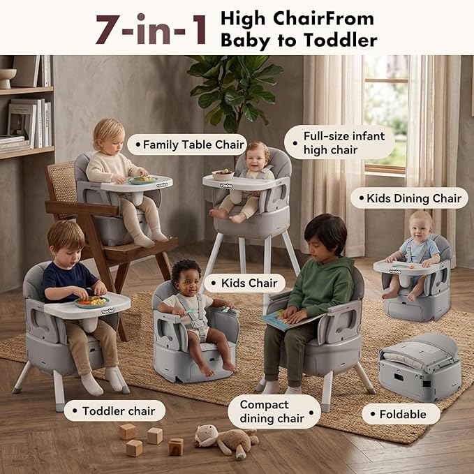 7 in 1 Convertible Baby HighChair for Babies and Toddlers,Adjustable Legs & Tray, Safe, Skin-Friendly Seat Cushion, Non-Slip & Stable, Supports up to 15kg Grey