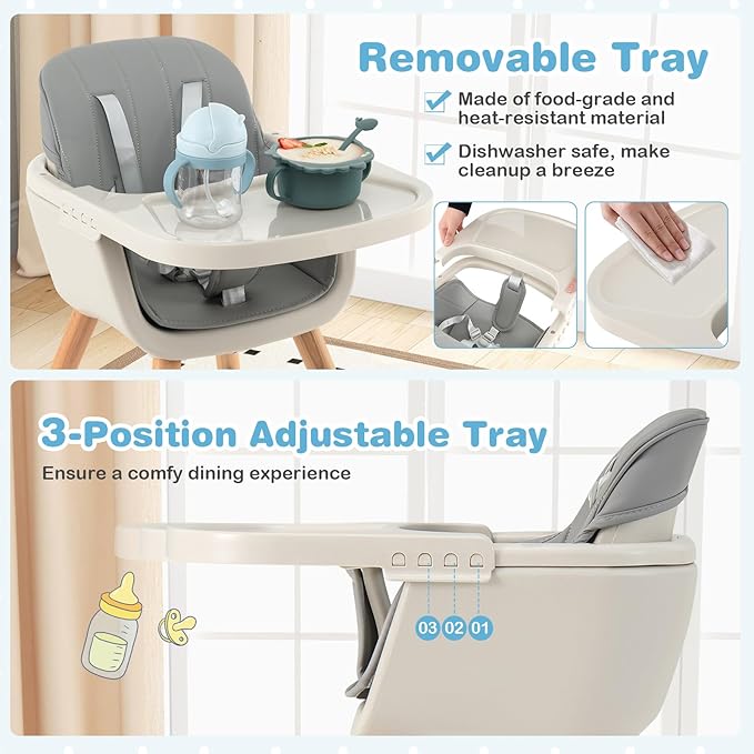 HONEY JOY Baby High Chair, 6-in-1 Eat & Grow Wooden Highchair/Toddler Chair with Removable Tray, 5-Point Harness, PU Cushion and Footrest, Convertible High Chair for Babies and Toddlers(Gray)