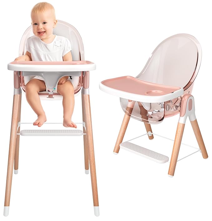 Classic Non-Reclinable 6 in 1 Baby High Chair for Babies and Toddlers, Modern Safe & Compact wooden Highchair, Easy to Clean, Removable Tray, Easy to Assemble