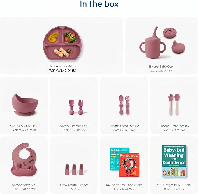 Remonda 17-Piece BPA-Free Baby Silicone Feeding Set | Extra Large Suction Plates, Toddler Bowls, Self Feeding Spoons, and More | Dishwasher Safe| Infant Led Weaning Supplies (Red）A