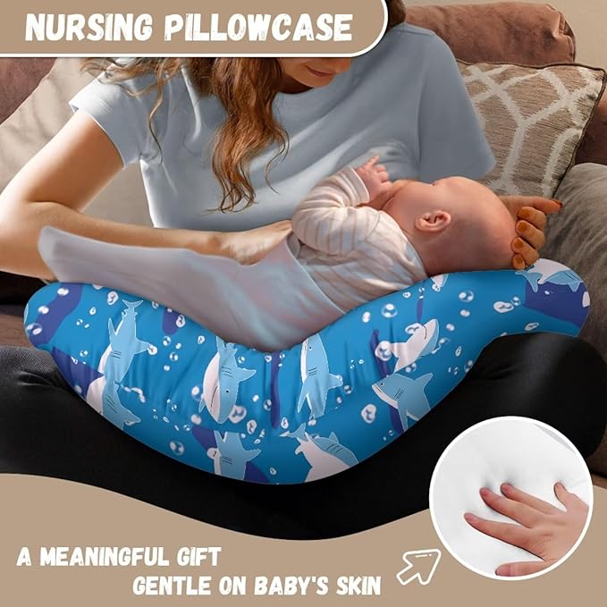 Jeiento Blue Shark Nursing Pillow Cover Easy to Install Polyester Covers Comfortable Soft Breastfeeding Pillows Covers for Baby Boys Girls