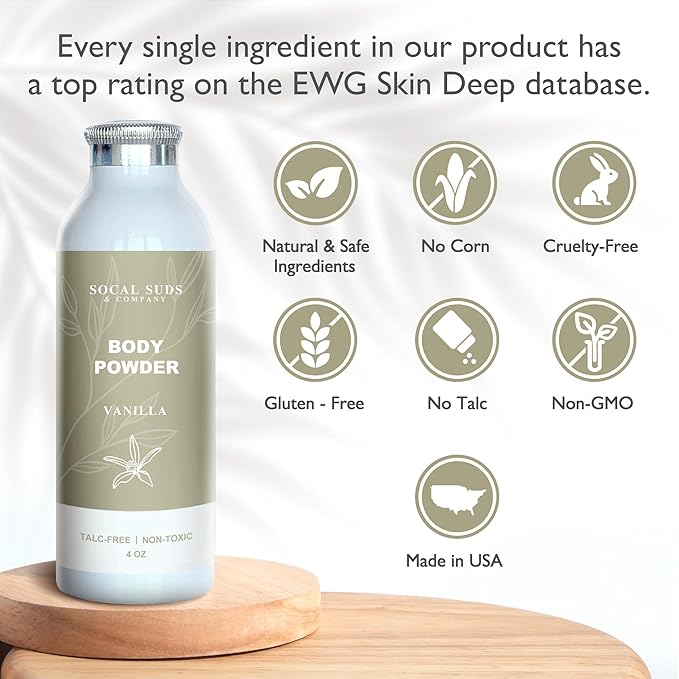 SoCal Suds & Company - Natural Body Powder Talc-Free - with Arrowroot Powder, Kaolin, Aspen Bark Extract for Soft Soothing Delicate Skin - Vanilla 4oz, 1-Pack