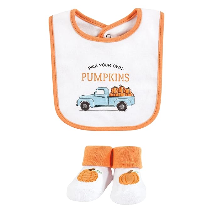 Hudson Baby Unisex Baby Cotton Bib and Sock Set, Pumpkin Truck, One Size
