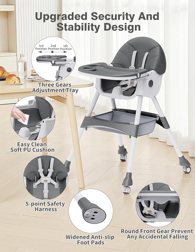 High Chairs for Babies and Toddlers, 4 in 1 Convertible Baby High Chair, Portable High Chair for Travel with Adjustable Height and Back, Foldable HighChair with Wheels& Pu Cushion (Grey)