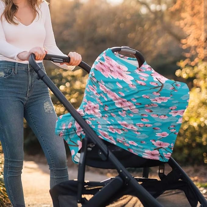 Coldinair Peach Blossom Car Seat Cover for Babies Girls,Nursing Cover,Soft Stretchy Infant Carseat Canopy,Shopping Cart/High Chair/Stroller Covers