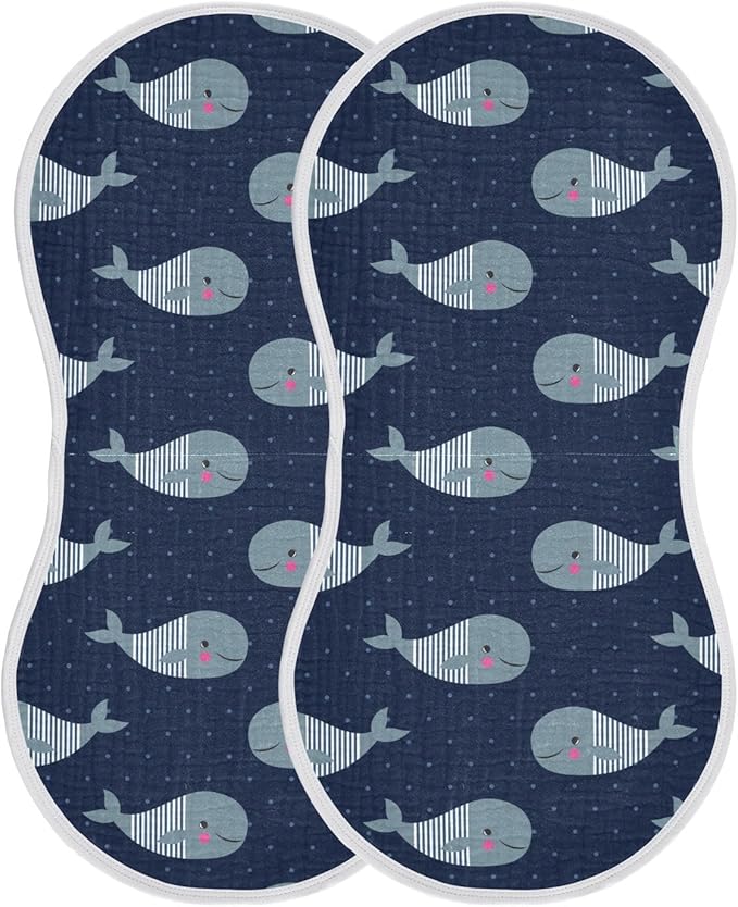 Cute Whale Blue Polka Dot Muslin Burp Cloths for Baby 2 Pack Soft 100% Cotton Baby Washcloths Bibs for Boy Girl