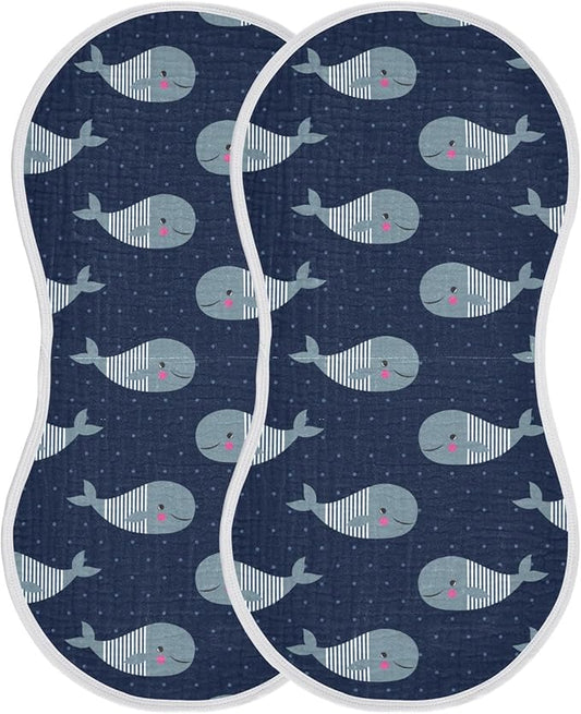 Cute Whale Blue Polka Dot Muslin Burp Cloths for Baby 2 Pack Soft 100% Cotton Baby Washcloths Bibs for Boy Girl