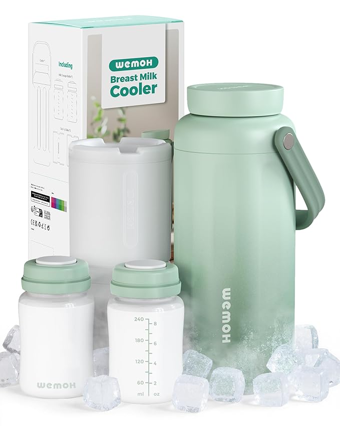 Breast Milk Cooler Bottle - 12H+ Ice-Cold/24H Safe Storage, Compatible with Spectra Pumps, TSA Approved Travel Chiller, 18oz (2x9oz) Lightweight Leakproof Container for Work, Green