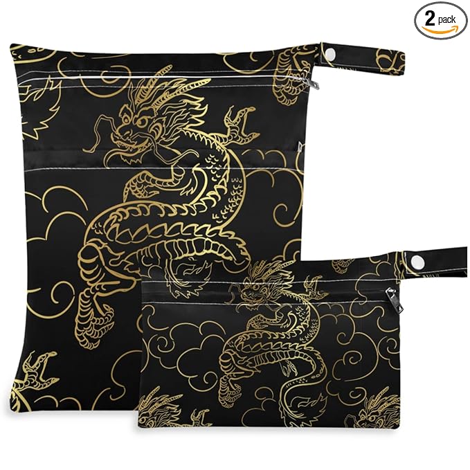 visesunny Gold Dragon 2Pcs Wet Bag with Zippered Pockets Washable Reusable Roomy for Travel,Beach,Pool,Daycare,Stroller,Diapers,Dirty Gym Clothes, Wet Swimsuits, Toiletries