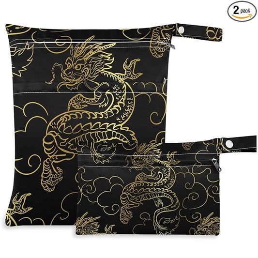 visesunny Gold Dragon 2Pcs Wet Bag with Zippered Pockets Washable Reusable Roomy for Travel,Beach,Pool,Daycare,Stroller,Diapers,Dirty Gym Clothes, Wet Swimsuits, Toiletries