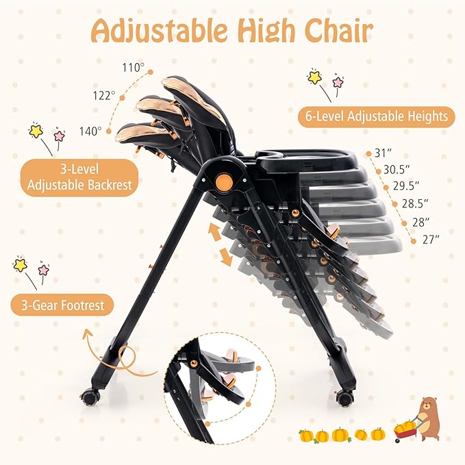 BABY JOY High Chair, Foldable Baby High Chair with Adjustable Height, Backrest & Footrest, Double Removable Tray, Portable Chair with Wheels for Babies & Toddlers of 6-36 Months (Black)