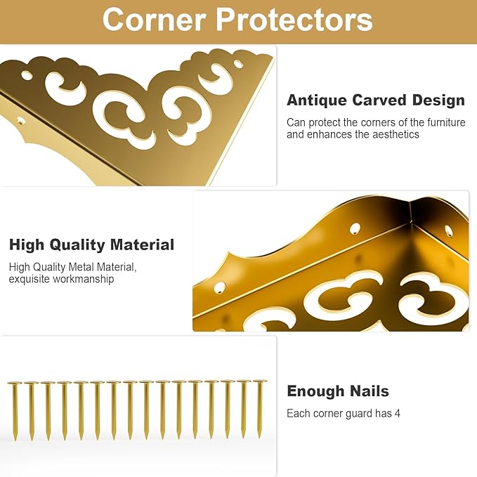 4 Pcs Brass Corner Protectors for Furniture,Retro Style Guard Cabinet Furniture Corner Bumpers for Jewelry Box Gift Box Wooden Case Cabinet Furniture Decorative (Gold)