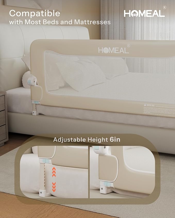 HOMEAL Bed Rail for Toddlers, 47in Foldable Toddler Bed Rails with U-Shape Base, Baby Bed Rail Guard for Twin Size, Full Size, Queen Size, King Size Beds, Bed Guard Rail for Toddlers, Beige