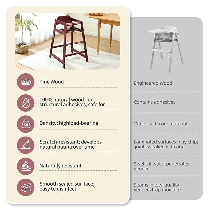 Wooden High Chairs for Babies and Toddlers, Restaurant-Style Stackable High Chair with Commercial Grade Solid Wood for Dining Table & Kitchen, Easy to Clean Baby Booster Seat - Burgundy