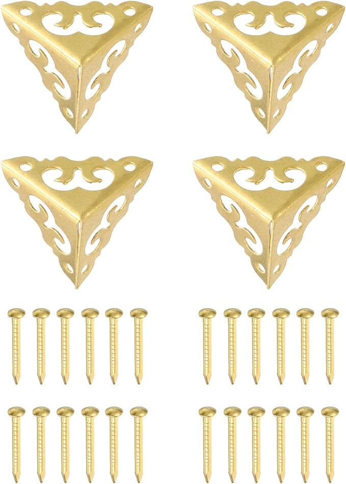 uxcell 4 Pcs Brass Edge Guard, 20mm Decorative Box Corner Cover, Corner Protector, Vintage Stair Dust Corners with Screws, Gold
