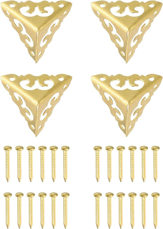 uxcell 4 Pcs Brass Edge Guard, 20mm Decorative Box Corner Cover, Corner Protector, Vintage Stair Dust Corners with Screws, Gold