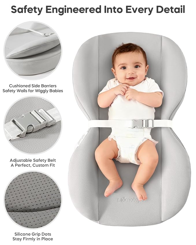 Baby Changing Pad, Waterproof Wipe-Clean PU Leather with High-Density Foam, Non-Slip Raised Edge Contour with Adjustable Safety Strap, for Dresser & Changing Table, 28"×16", Gray