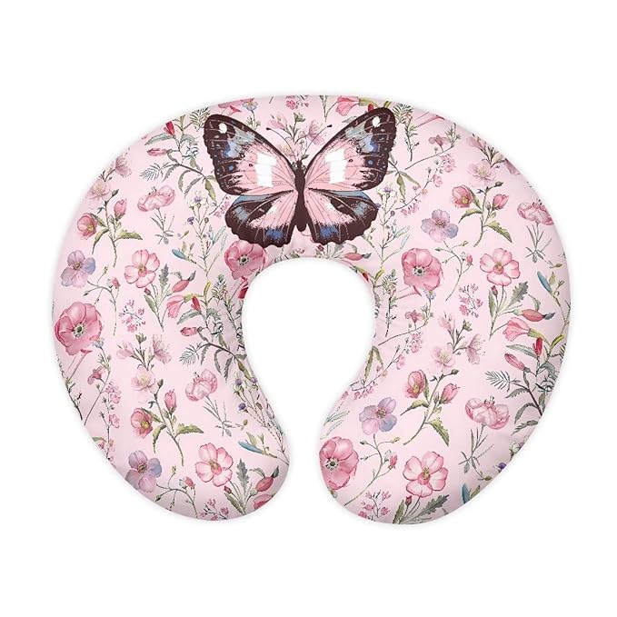 Pink Flower Butterfly Baby Fashion Nursing Pillow Cover Baby Breastfeeding Slipcover Newborn Safety and Comfy Cover for Daily Life, 1 Pack