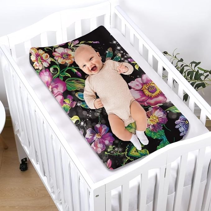 Dragonfly Flowers Changing Pad Covers, Breathable Baby Diaper Change Table Covers, Ultra Soft Contoured Pad Covers for Newborn Baby Boy Girls