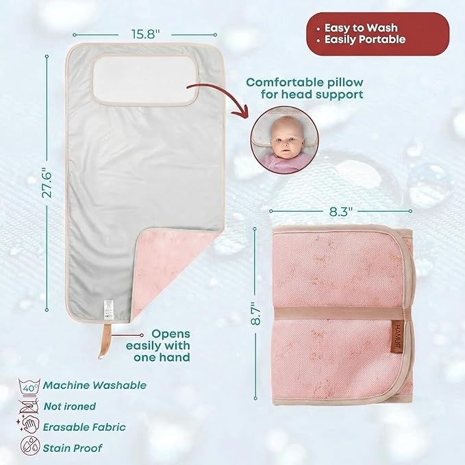 Hamur Home Portable Changing Pad – Waterproof, Washable & Easy Wipe Clean, Foldable Travel Baby Changing Mat for Diaper Bag, Compact & Lightweight, Must-Have for Newborns (Solid Pink)