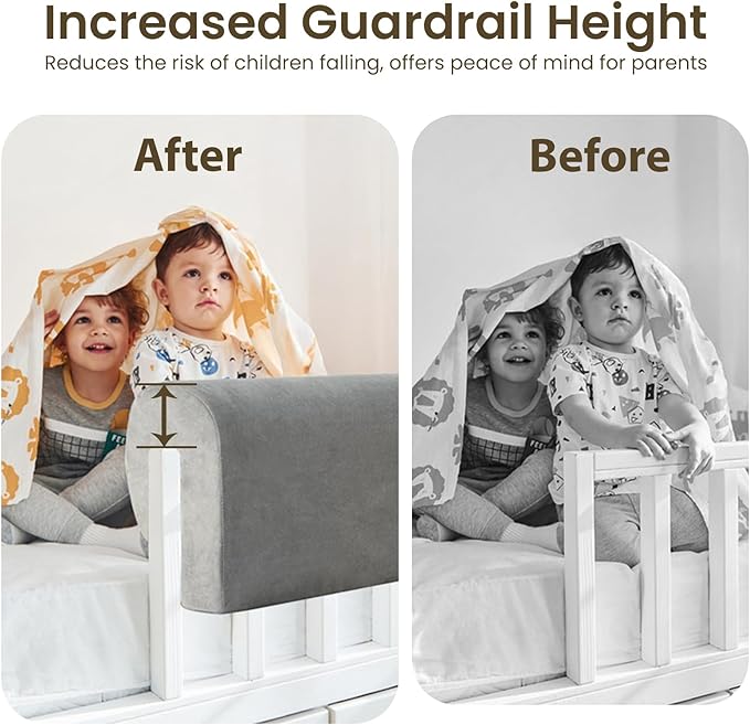 Toddlers' Bed Rail Bumpers Protector, Children's Bed Guardrail Padding, Soft Cushioned Barrier, Increased Height, Easy to Install, Washable Cover, Fits Floor, Bunk & Loft, 2.3 Ft, Gray, 1Pack