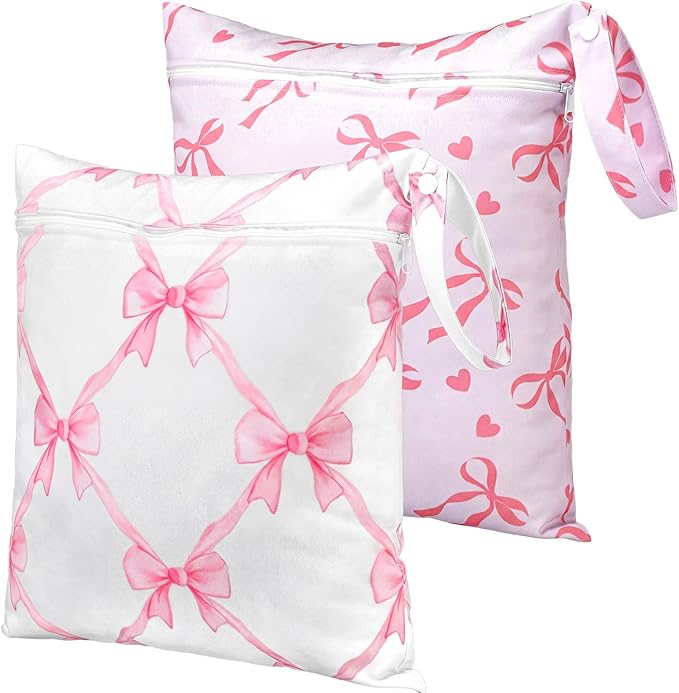Sanwuta 2 Pack Wet Bags Resuable Waterproof Wet Dry Bag for Swimsuit Travel Beach Pool Bathing Diapers Dirty Yoga Gym Clothes Toiletries with Zippered Pockets(Pink Bow,Pink and White)