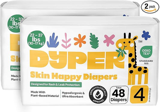 DYPER - Pack of 2 Baby Diapers Size 4 (48 Count) - Leak Proof, Plant Based, Hypoallergenic & Ultra Absorbent Disposable Diaper for Day & Overnight, Skin-Friendly Comfort Size 4 Diapers (22-37 lbs)