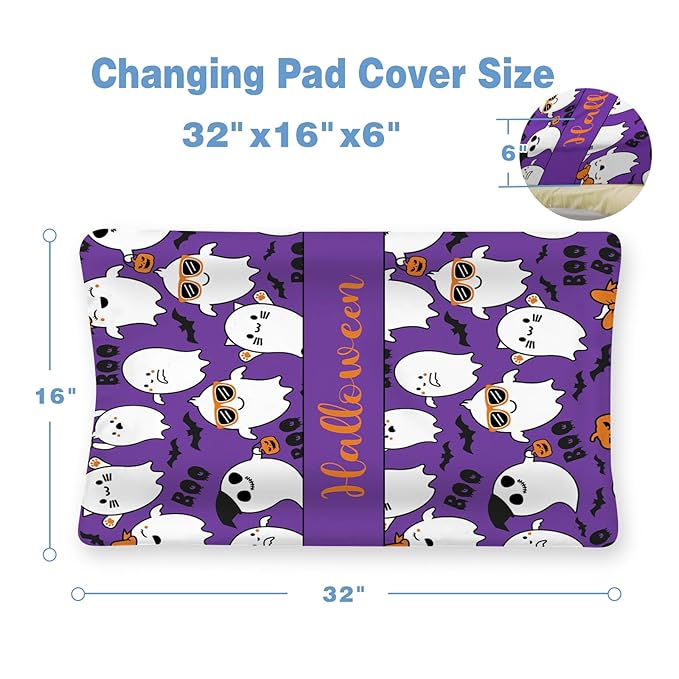 KAINSY Personalized Halloween Changing Pad Cover, Custom Diaper Change Table Sheets with Name, Purple Ghost Print Soft Jersey Knit Change Table Sheets, 2 Pack Changing Pad Covers (16" x 32")