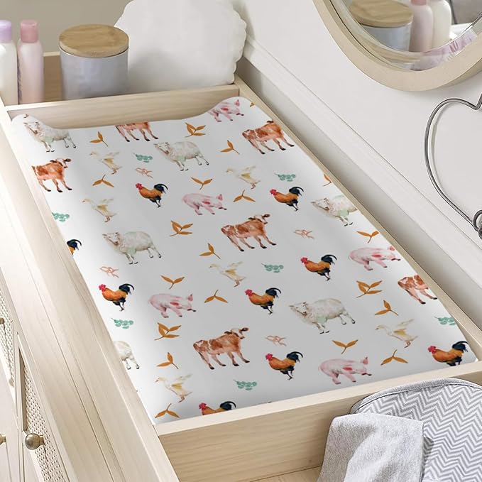 Watercolor Farm Animals Changing Pad Cover Farm Cow Lamb Pig Hen Duck Sunflowers Leaves Baby Diaper Changing Table Sheets for Boys Girls Soft Stretch Fitted Baby Changing Table Mats Covers 32''x16''