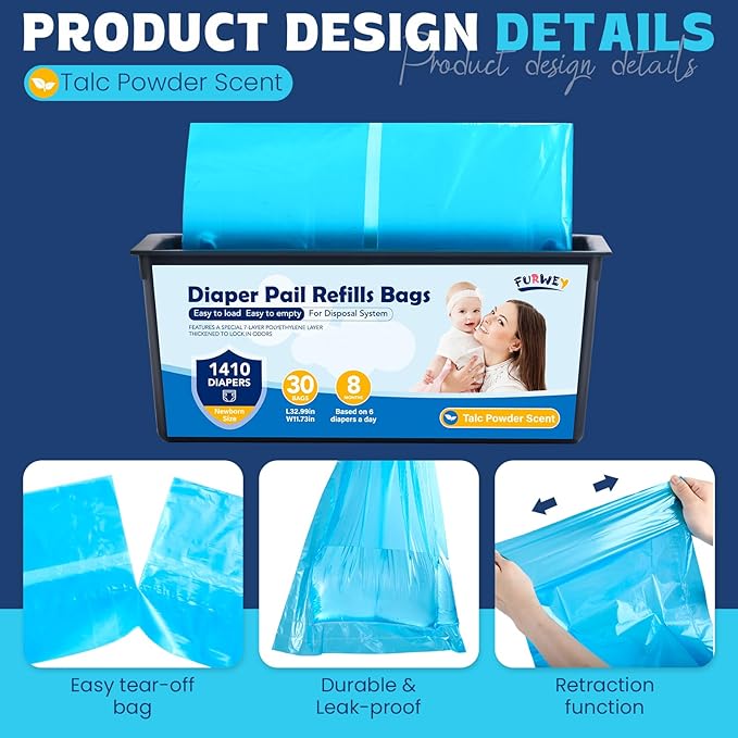Diaper Pail Refill Bags 30 Bags Per Refill，Compatible with Genie Easy Roll Signature Diaper Pails Holds Up to 5640 Newborn Diapers Talc Powder Scent 7 Layer Odor Barrier,Scented,1PACK (30 Bags)