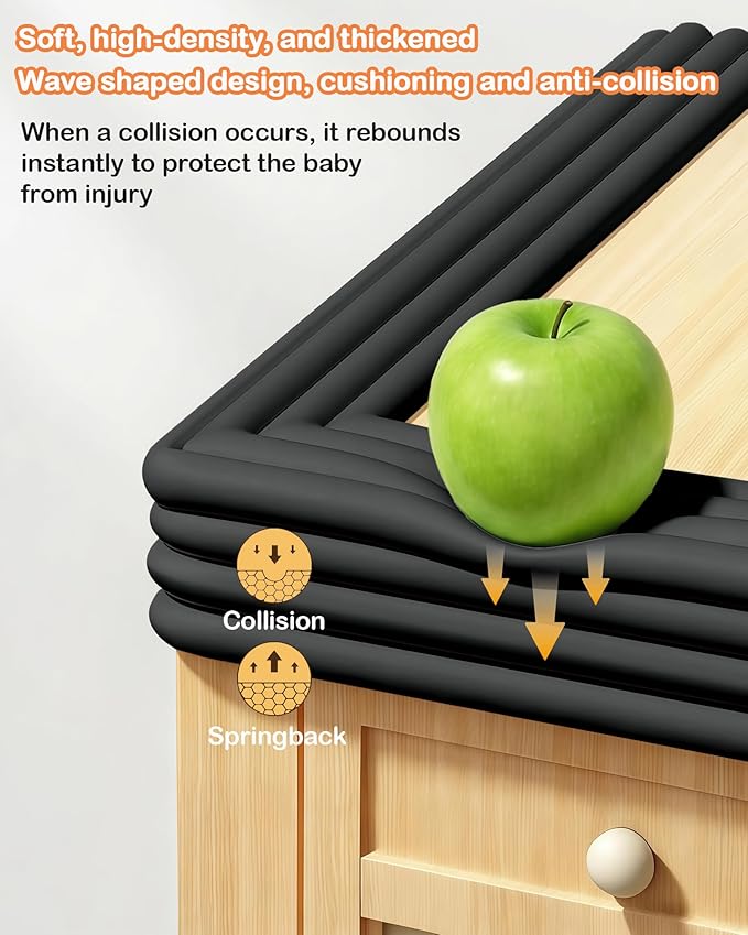 Corner Protector Baby, 16.5FT 0.4''Th W-Shape Edge Protector for Baby Proofing 4'' Wide Foam Fireplace Cushion Pre-Taped Safety Guard Bumper Pad for Furniture Wall Stair Door (Black)