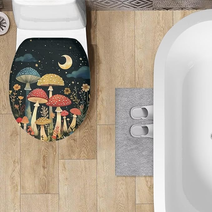 Mushroom Toilet Dust Cover Flannel Fabric Bathroom Covers Elastic Edges Stretch Washable Toilet Lid Covers for Bathroom Covers