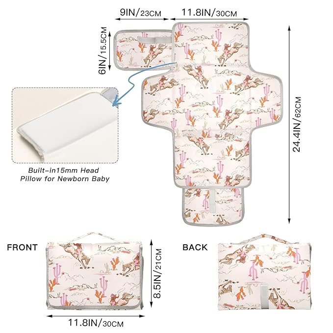 Portable Changing Pad for Baby - Cute Rodeo Cowgirl Waterproof Diaper Changing Mat Travel Changing Pad with Built-in Pillow - Shower Gift for Baby