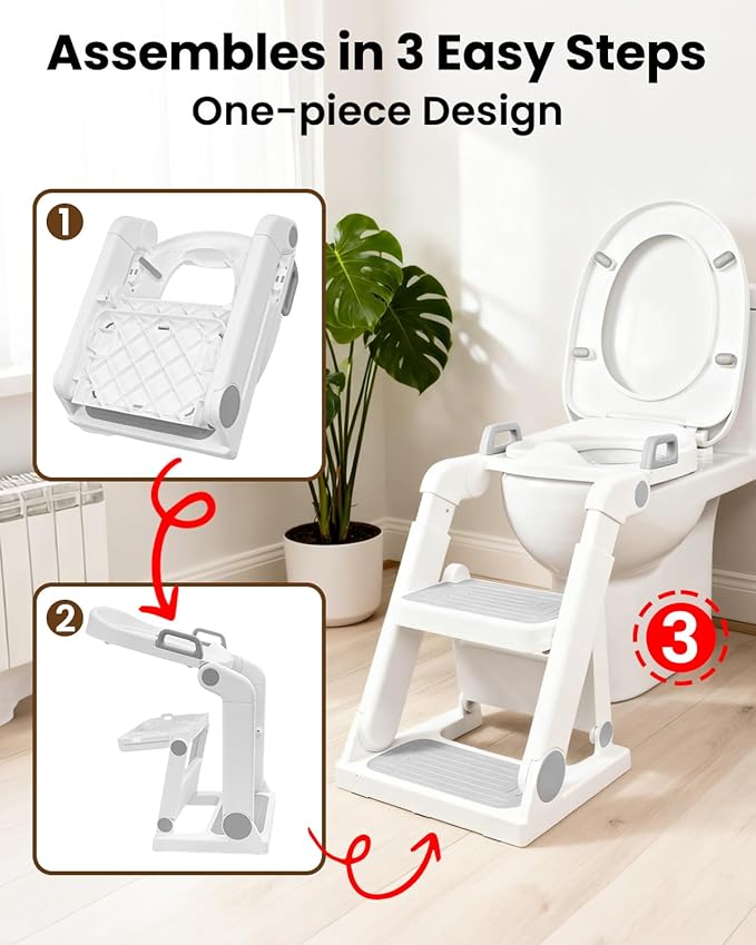 Potty Training Seat, Primlect Upgrade Toddler Toilet Seat for Kids Boys Girls, 2 in 1 Potty Training Toilet with Step Stool, Adjustable Seat and Ladder, Non-Slip Pad, Splash Guard (Light Grey)