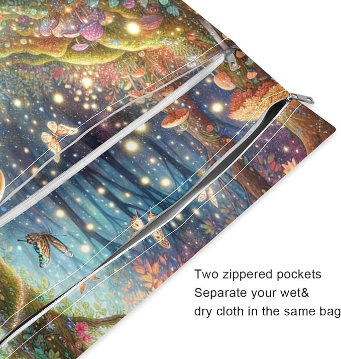 2 Pack Fairyland Forest Mushrooms Cloth Diaper Wet Dry Bags,Waterproof Reusable Wet Bag with Two Zipper Pockets& Handle,Washable for Swimming,Travel,Beach,Pool or Wet Clothes