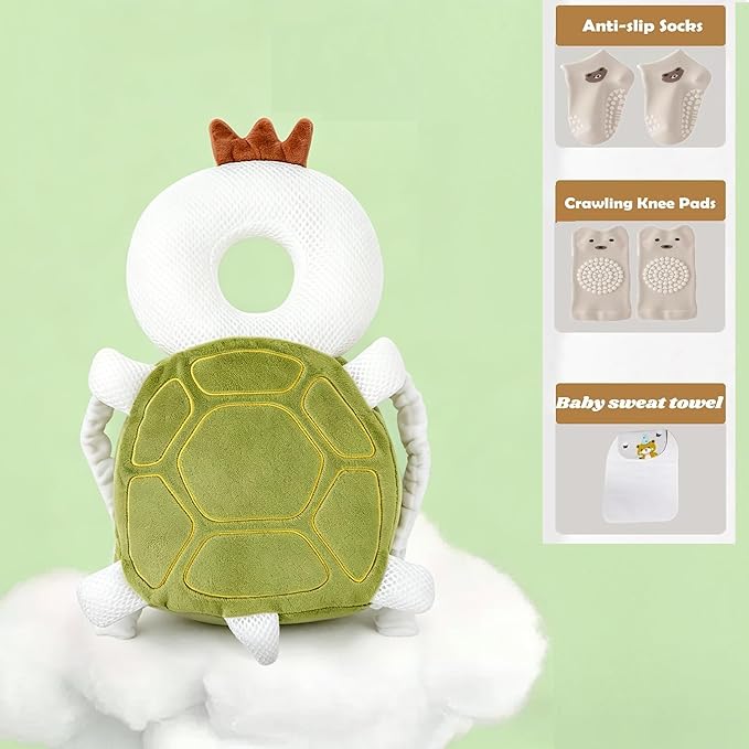 Baby Head Protector Backpack, Toddler Baby Head Protection Backpack with Baby Knee Pads Alarm Function for Walking & Crawling, Soft, Breathable and Wearing Safety Baby Head Protector- Green Turtle