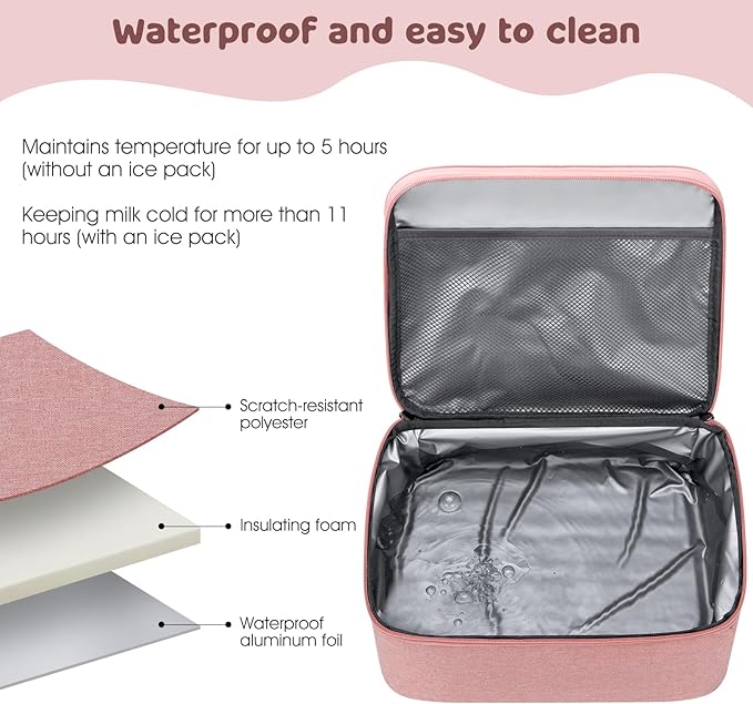 OCKLILY Breast Pump Bag Cooler Backpack — Large Insulated Milk Storage for Breastmilk — Wearable Hands-Free Pumping Tote for Working Moms (Pink)
