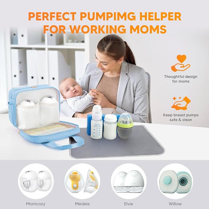 PIIOSER Breastmilk Cooler Travel Bag with Ice Pack, Compatible with Wearable Breast Pumps & Accessories - Portable Hands Free Breast Pump Carrying Case for Nursing & Working Moms, Blue