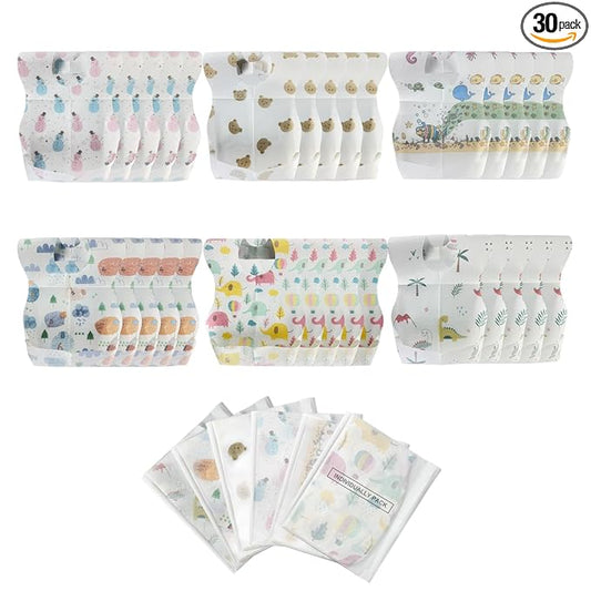 30 PCS Disposable Bibs for Toddlers, 6 Patterns Individually Packaged Baby Bibs with Catcher and Waterproof Liner for Boys Girls Eating, Baby Restaurant and Travel Essential
