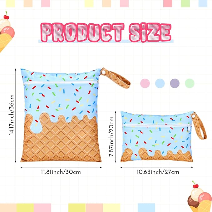SATINIOR 2 Pack Wet Dry Bags Ice Cream Waterproof Pouch Large & Small Makeup Bag Baby Wet Bags Zipper Pouch for Baby Women Diapers Cloth(Blue)