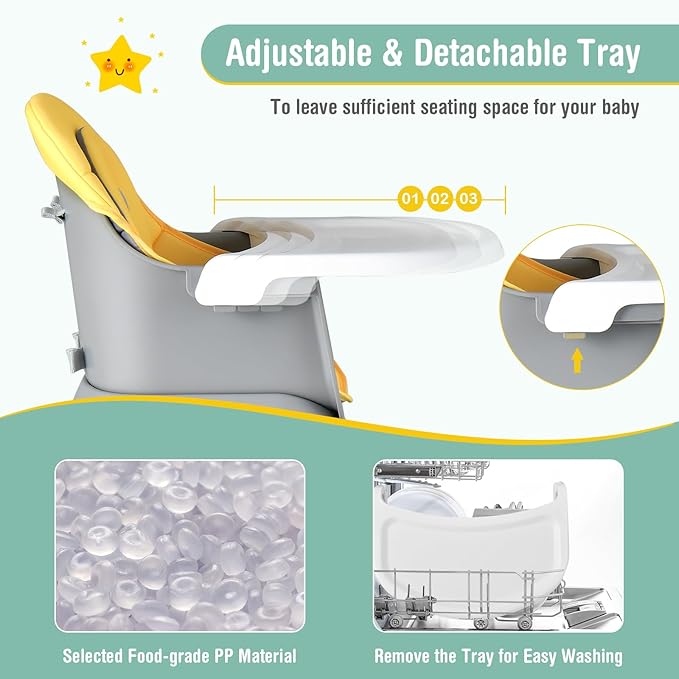 GLACER 8 in 1 Convertible Baby High Chair - Adjustable High Chairs for Babies and Toddlers with Removable Tray, Dual Cushions, Activity Table and Chair Set, Booster Seat, Stool (Yellow)