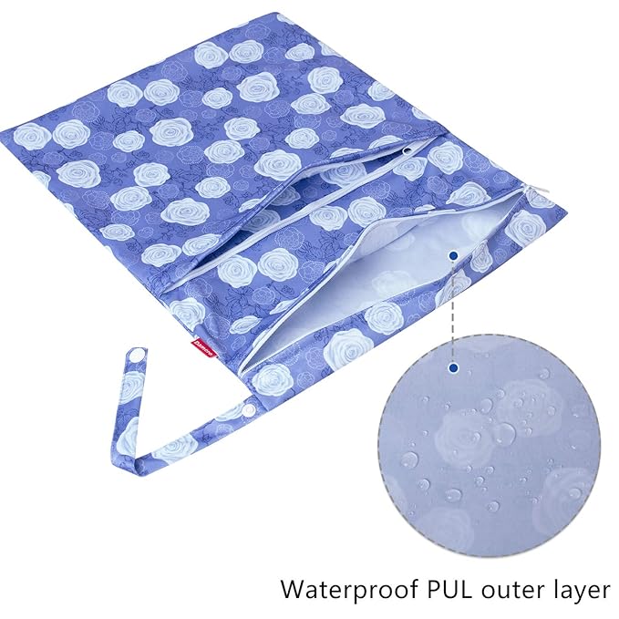 Damero 3Pcs Wet Dry Bag for Cloth Diaper, Swimsuit, Clothes, Ideal for Travel, Exercise, Daycare, Roomy and Water-Resistant(Purple Flowers)